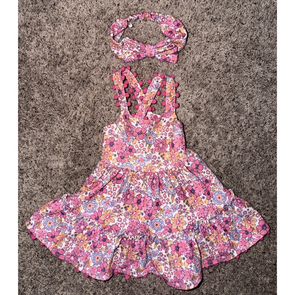 Tommy Bahama Baby Girl Sun Dress w/ Headband Pink/Purple/orange Pom-Pom 12M